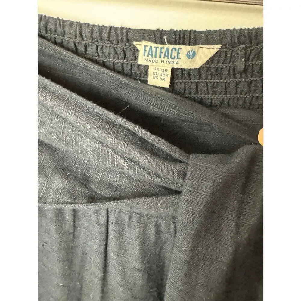 Fat face Sascha Black Midi Skirt With Linen size US 8R Fabric Tie Elastic Waist